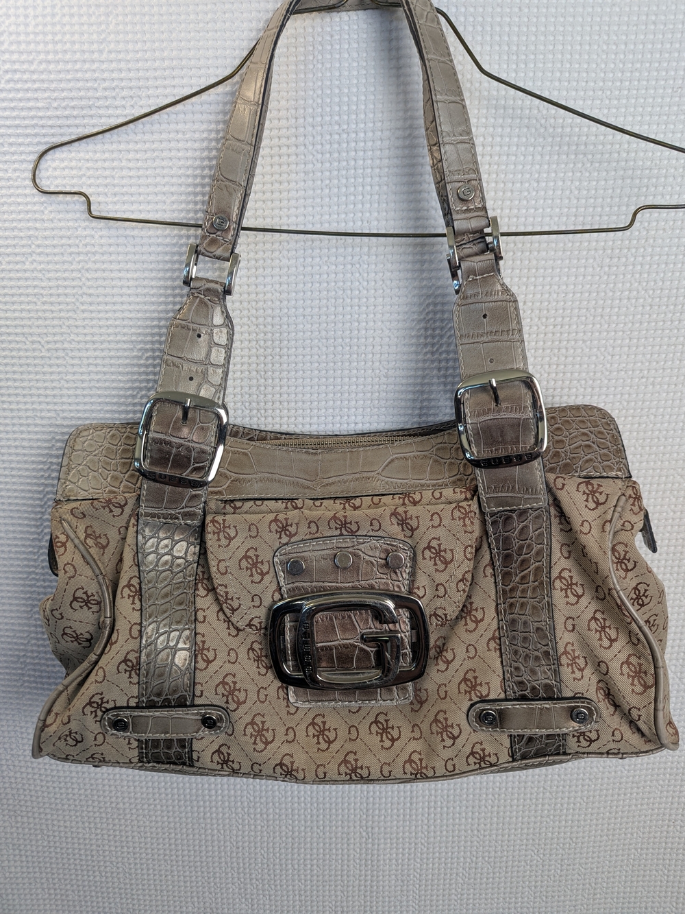 Guess Vintage Y2K Logo Taupe Croc-Trim Shoulder Bag